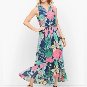 Talbots Voile Hibiscus Sleeveless Belted Maxi Dress Womens Size 2 Petite